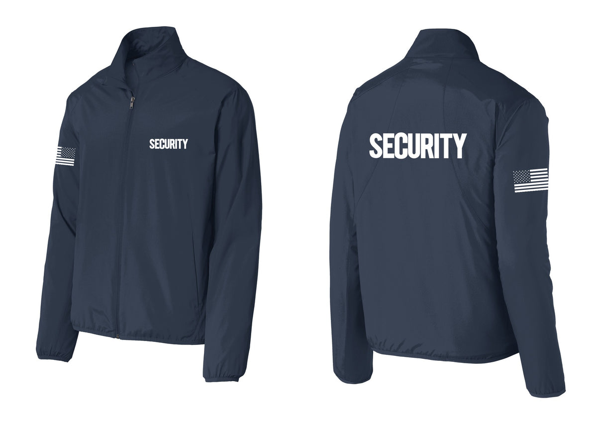 NYC Factory Security Windbreaker Full-Zip Jacket (Bold) - Chest + Back + US Flag Sleeve - Dress Blue Navy