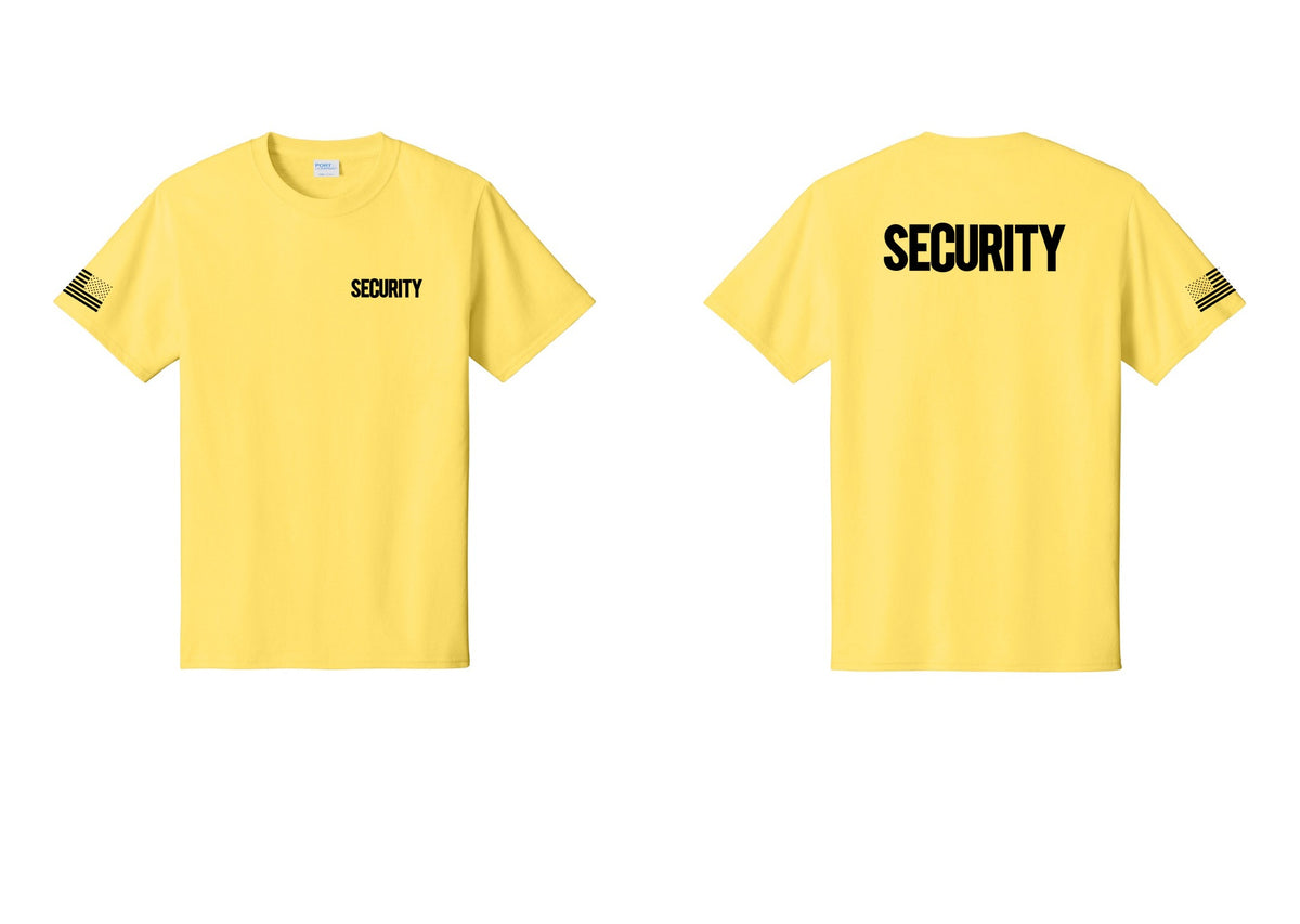 NYC Factory Men's Security Cotton T-Shirt - Chest + Back + US Flag Sleeve - Yellow