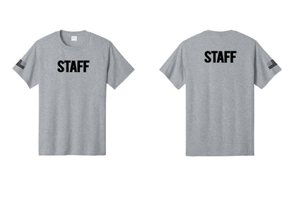 NYC Factory Staff T-Shirt, Bold Lettering - Front + Back + US Flag Sleeve - Athletic Heather