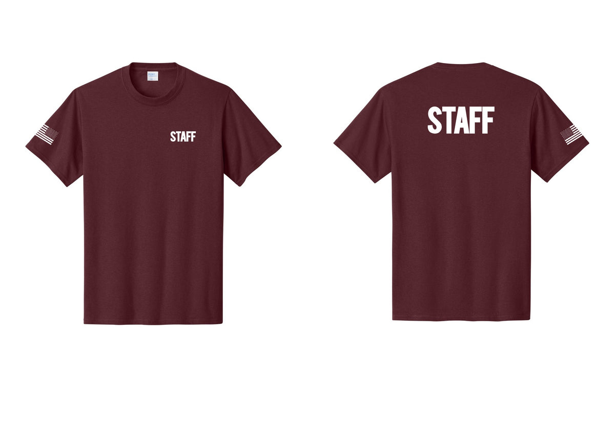 NYC Factory Staff T-Shirt, Bold Lettering - Chest + Back + US Flag Sleeve - Athletic Maroon