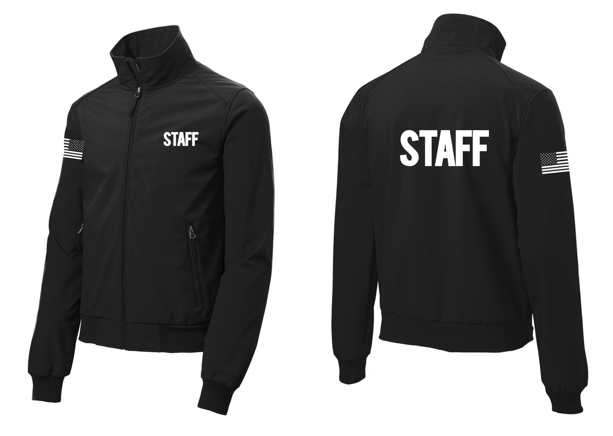 NYC Factory Staff Soft Shell Bomber Jacket (Bold) - Chest + Back + US Flag Sleeve - Black