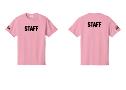 NYC Factory Staff T-Shirt, Bold Lettering - Front + Back + US Flag Sleeve - Candy Pink