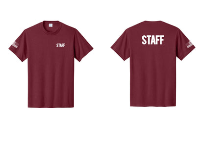 NYC Factory Staff T-Shirt, Bold Lettering - Chest + Back + US Flag Sleeve - Cardinal