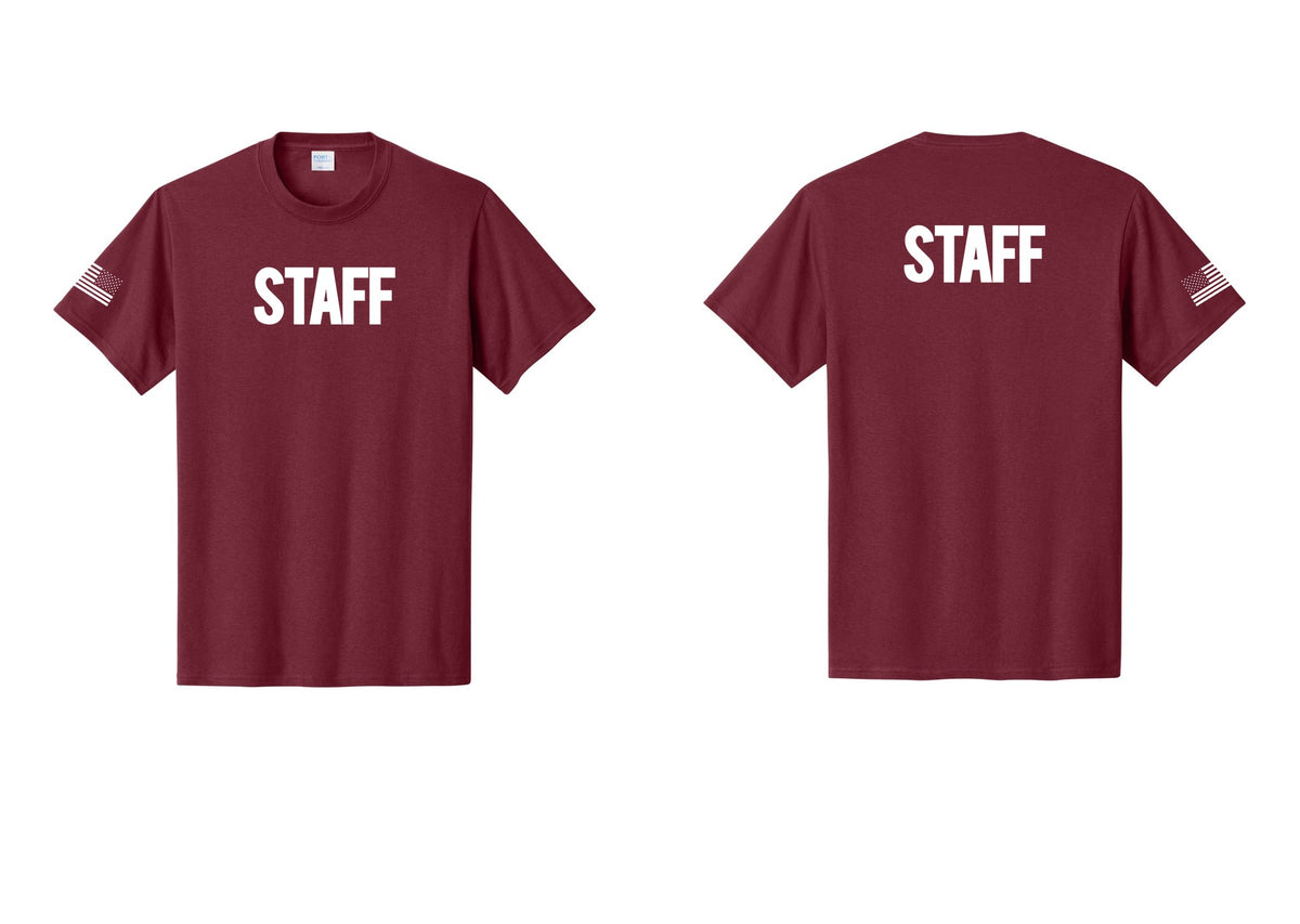 NYC Factory Staff T-Shirt, Bold Lettering - Front + Back + US Flag Sleeve - Cardinal