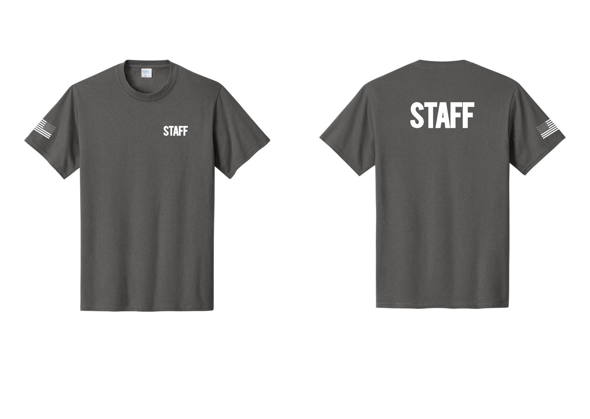 NYC Factory Staff T-Shirt, Bold Lettering - Chest + Back + US Flag Sleeve - Charcoal