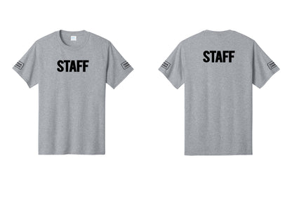 NYC Factory Custom Logo Staff T-Shirt, Bold Lettering - Front + Back + Your Logo Sleeves - Athletic Heather