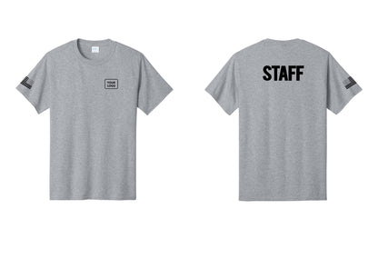 NYC Factory Custom Logo Staff T-Shirt, Bold Lettering - Your Logo + Back + US Flag Sleeve - Athletic Heather