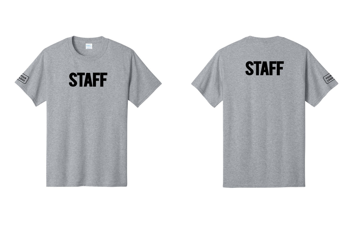 NYC Factory Custom Logo Staff T-Shirt, Bold Lettering - Front + Back + Your Logo Sleeve - Athletic Heather