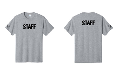 NYC Factory Custom Logo Staff T-Shirt, Bold Lettering - Front + Back + Your Logo Sleeve - Athletic Heather