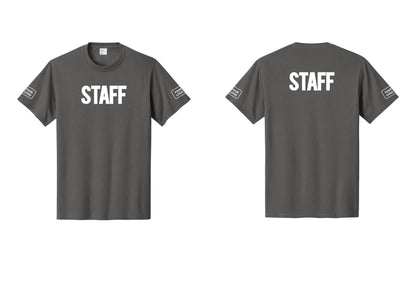 NYC Factory Custom Logo Staff T-Shirt, Bold Lettering - Front + Back + Your Logo Sleeves - Charcoal