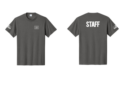NYC Factory Custom Logo Staff T-Shirt, Bold Lettering - Your Logo + Back + US Flag Sleeve - Charcoal