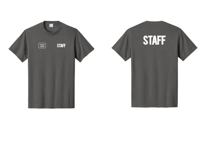 NYC Factory Custom Logo Staff T-Shirt, Bold Lettering - STAFF + Your Logo + Back - Charcoal