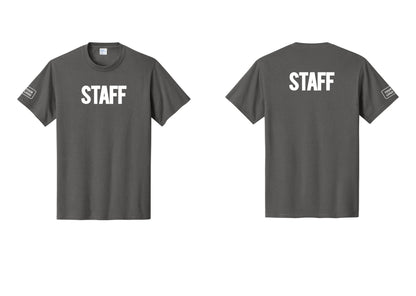 NYC Factory Custom Logo Staff T-Shirt, Bold Lettering - Front + Back + Your Logo Sleeve - Charcoal