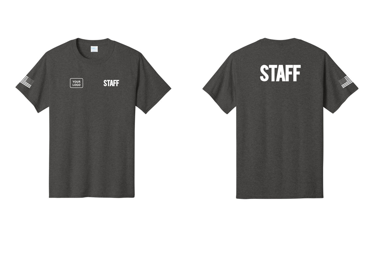 NYC Factory Custom Logo Staff T-Shirt, Bold Lettering - STAFF + Your Logo + Back + US Flag Sleeve - Dark Heather Grey