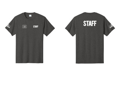NYC Factory Custom Logo Staff T-Shirt, Bold Lettering - STAFF + Your Logo + Back + US Flag Sleeve - Dark Heather Grey