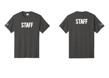 NYC Factory Custom Logo Staff T-Shirt, Bold Lettering - Front + Back + Your Logo Sleeve - Dark Heather Grey