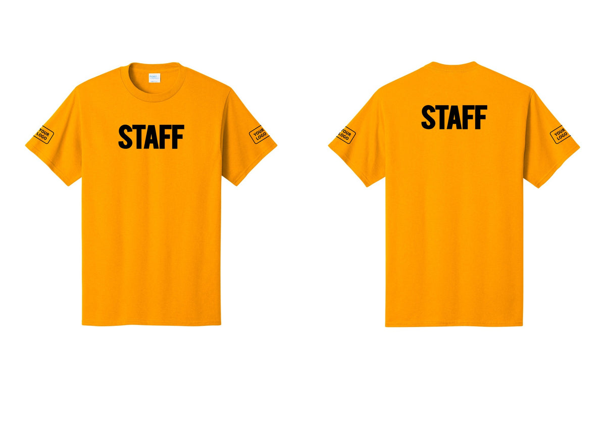 NYC Factory Custom Logo Staff T-Shirt, Bold Lettering - Front + Back + Your Logo Sleeves - Gold
