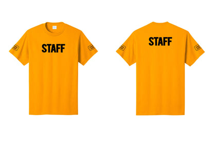 NYC Factory Custom Logo Staff T-Shirt, Bold Lettering - Front + Back + Your Logo Sleeves - Gold