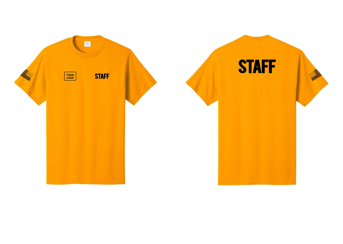 NYC Factory Custom Logo Staff T-Shirt, Bold Lettering - STAFF + Your Logo + Back + US Flag Sleeve - Gold