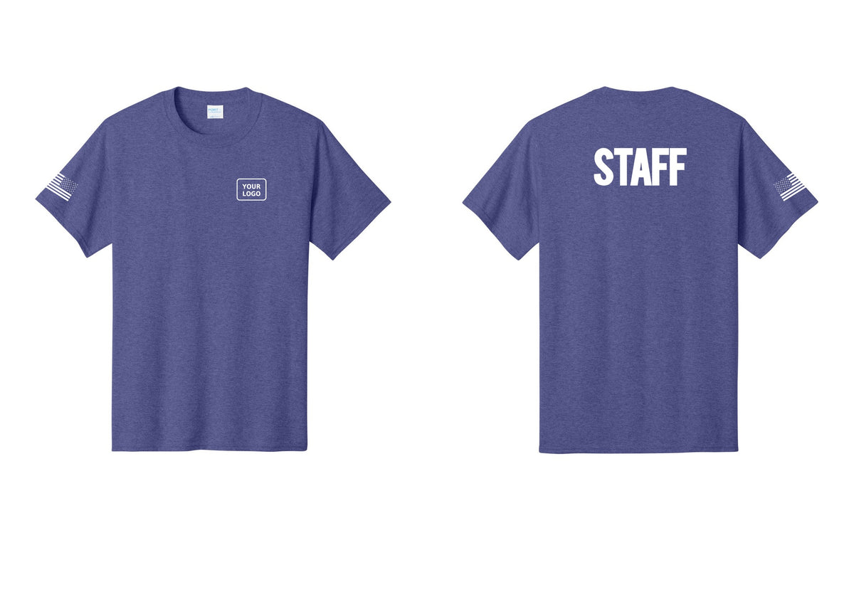 NYC Factory Custom Logo Staff T-Shirt, Bold Lettering - Your Logo + Back + US Flag Sleeve - Heather Purple