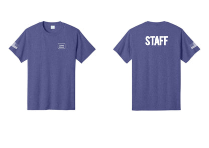 NYC Factory Custom Logo Staff T-Shirt, Bold Lettering - Your Logo + Back + US Flag Sleeve - Heather Purple