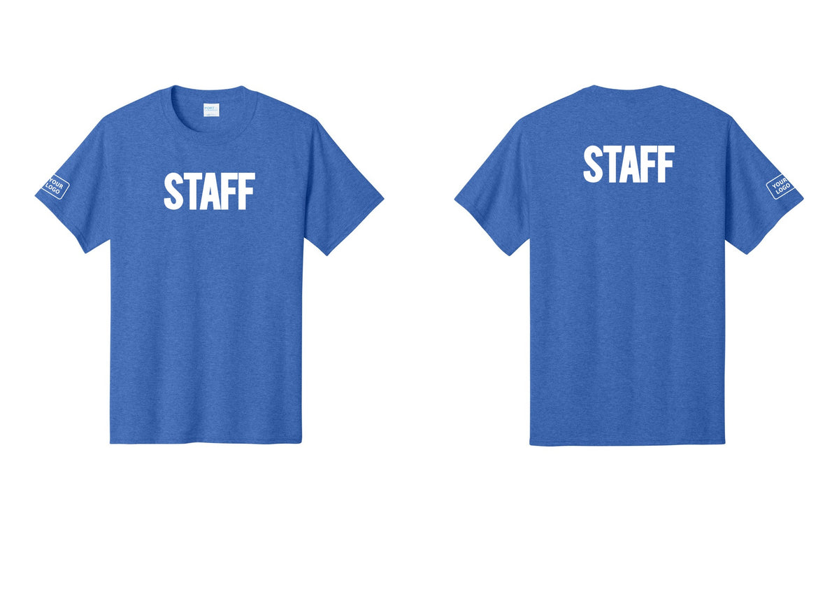 NYC Factory Custom Logo Staff T-Shirt, Bold Lettering - Front + Back + Your Logo Sleeve - Heather Royal