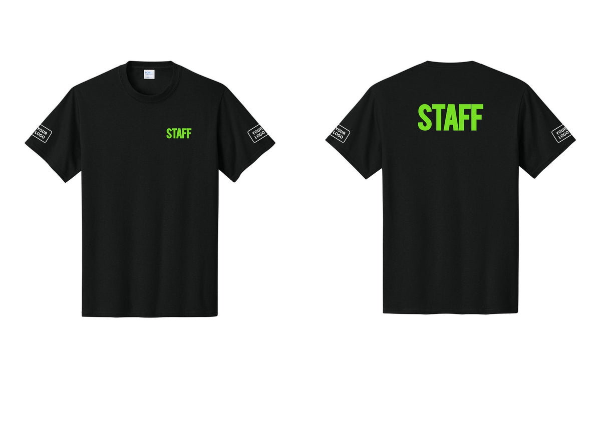NYC Factory Custom Logo Staff T-Shirt, Bold Lettering - Chest + Back + Your Logo Sleeves - Black / Neon