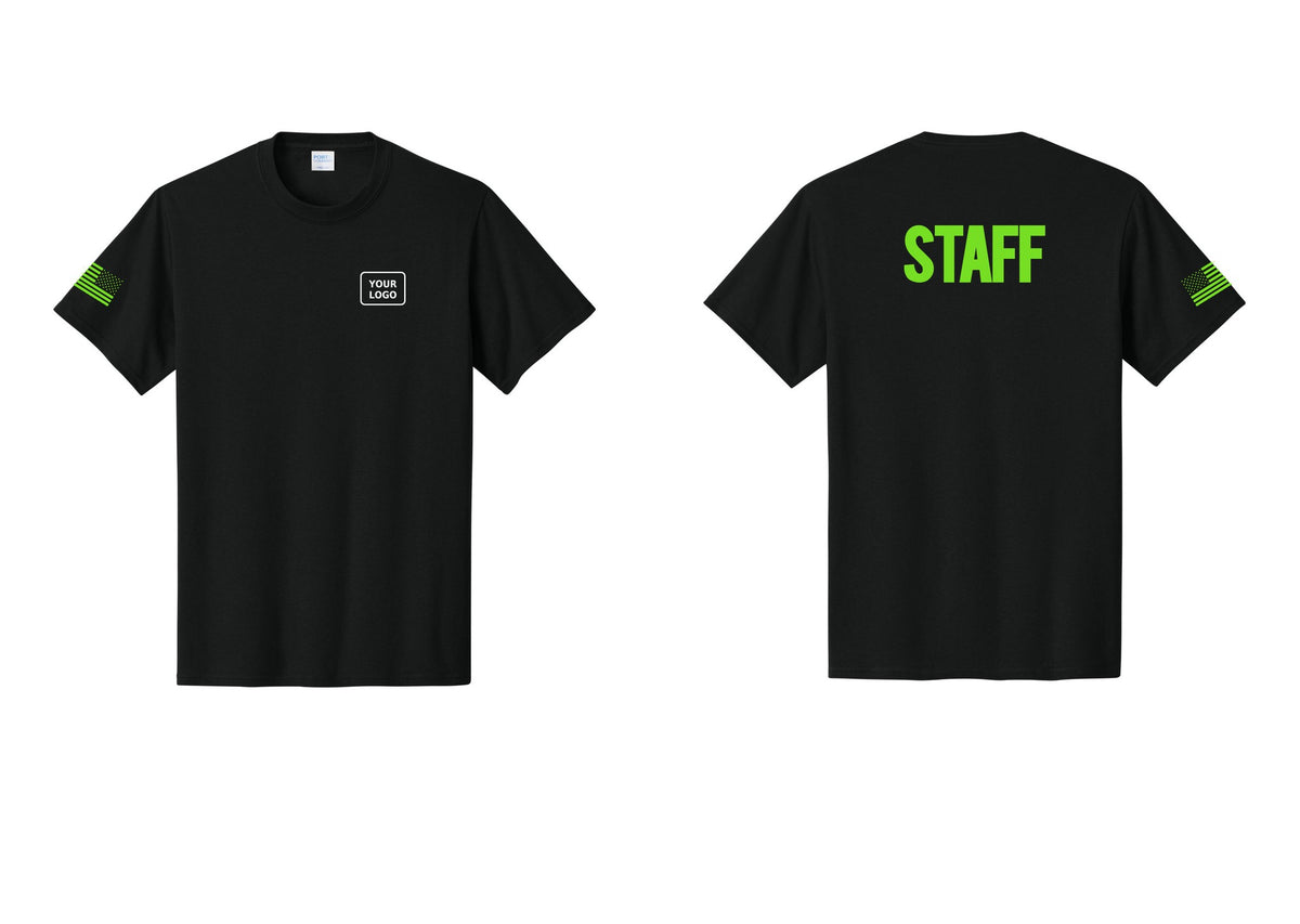 NYC Factory Custom Logo Staff T-Shirt, Bold Lettering - Your Logo + Back + US Flag Sleeve - Black / Neon