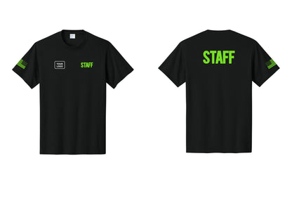 NYC Factory Custom Logo Staff T-Shirt, Bold Lettering - STAFF + Your Logo + Back + US Flag Sleeve - Black / Neon