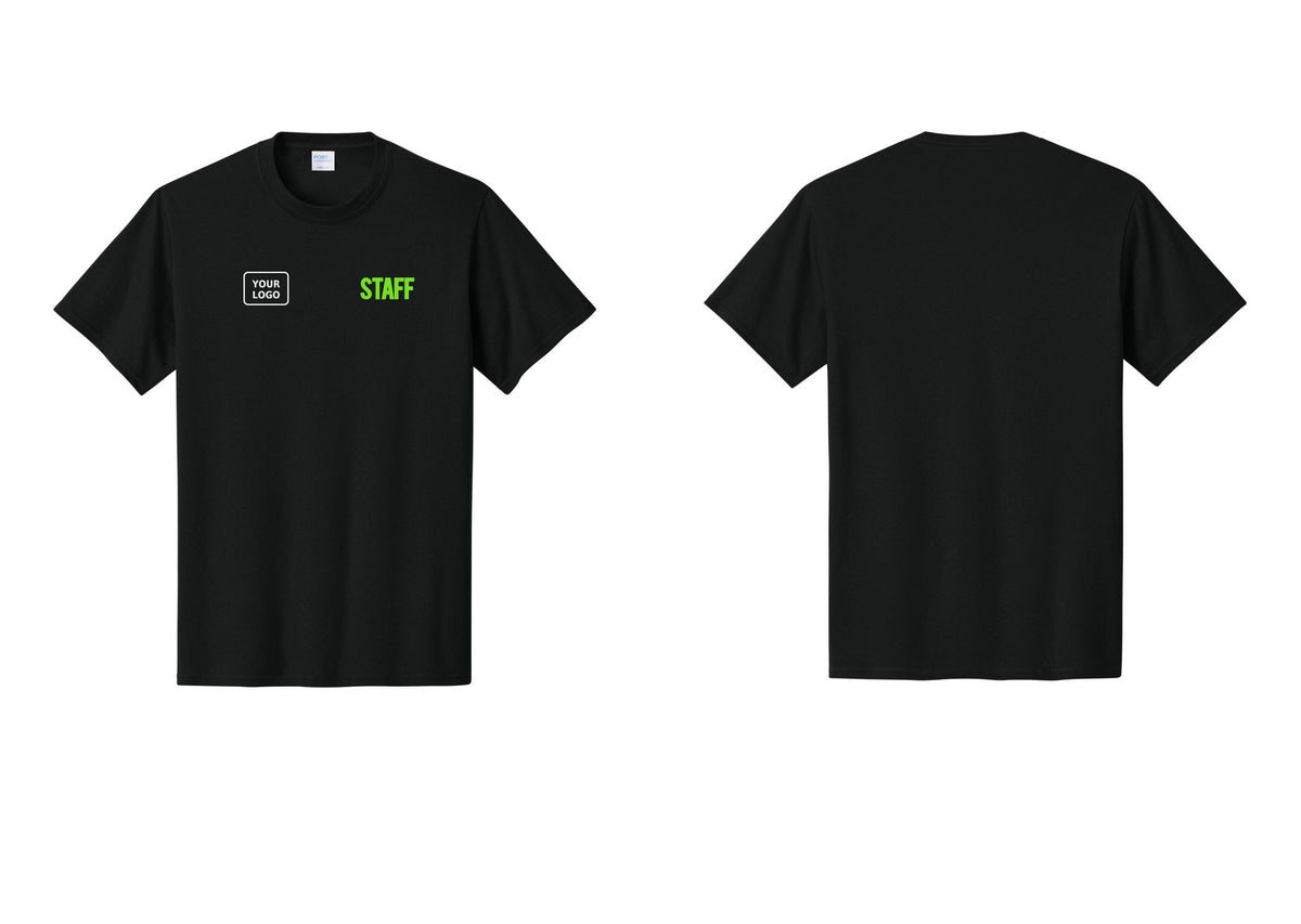 NYC Factory Custom Logo Staff T-Shirt, Bold Lettering - STAFF + Your Logo - Black / Neon