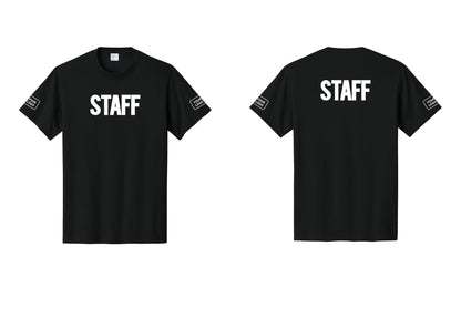 NYC Factory Custom Logo Staff T-Shirt, Bold Lettering - Front + Back + Your Logo Sleeves - Black