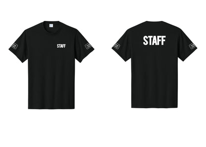 NYC Factory Custom Logo Staff T-Shirt, Bold Lettering - Chest + Back + Your Logo Sleeves - Black