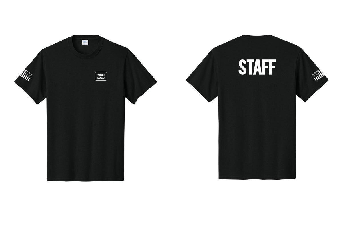 NYC Factory Custom Logo Staff T-Shirt, Bold Lettering - Your Logo + Back + US Flag Sleeve - Black