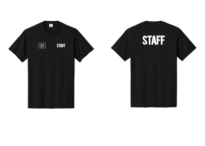NYC Factory Custom Logo Staff T-Shirt, Bold Lettering - STAFF + Your Logo + Back - Black