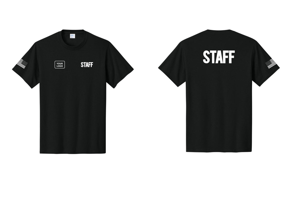 NYC Factory Custom Logo Staff T-Shirt, Bold Lettering - STAFF + Your Logo + Back + US Flag Sleeve - Black