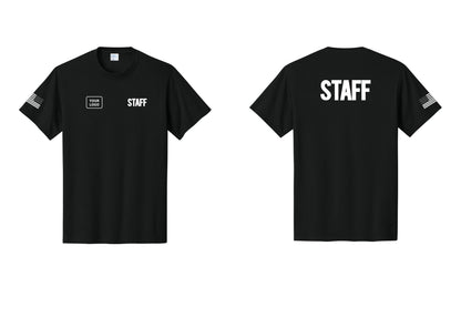 NYC Factory Custom Logo Staff T-Shirt, Bold Lettering - STAFF + Your Logo + Back + US Flag Sleeve - Black