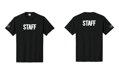 NYC Factory Custom Logo Staff T-Shirt, Bold Lettering - Front + Back + Your Logo Sleeve - Black
