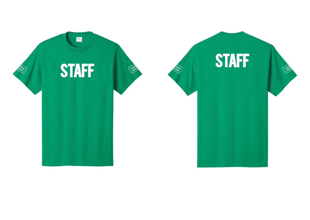 NYC Factory Custom Logo Staff T-Shirt, Bold Lettering - Front + Back + Your Logo Sleeves - Kelly