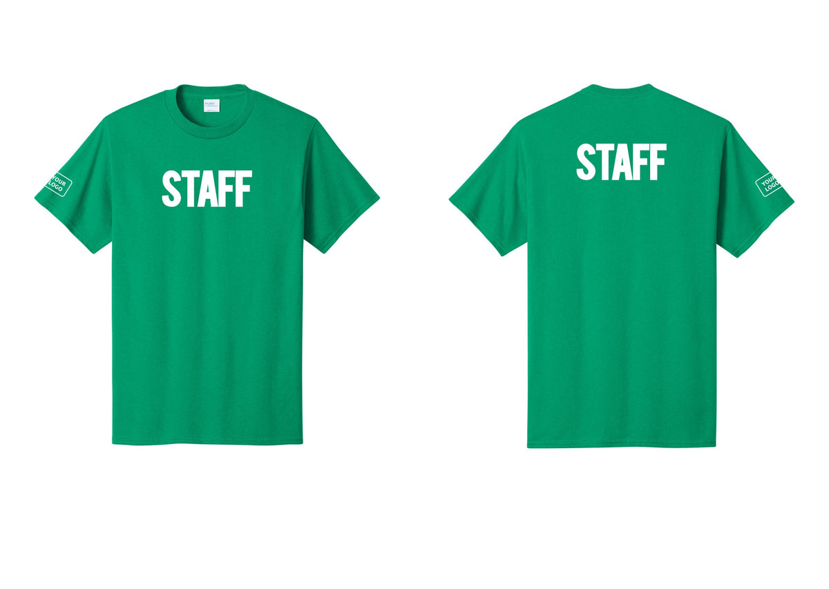 NYC Factory Custom Logo Staff T-Shirt, Bold Lettering - Front + Back + Your Logo Sleeve - Kelly