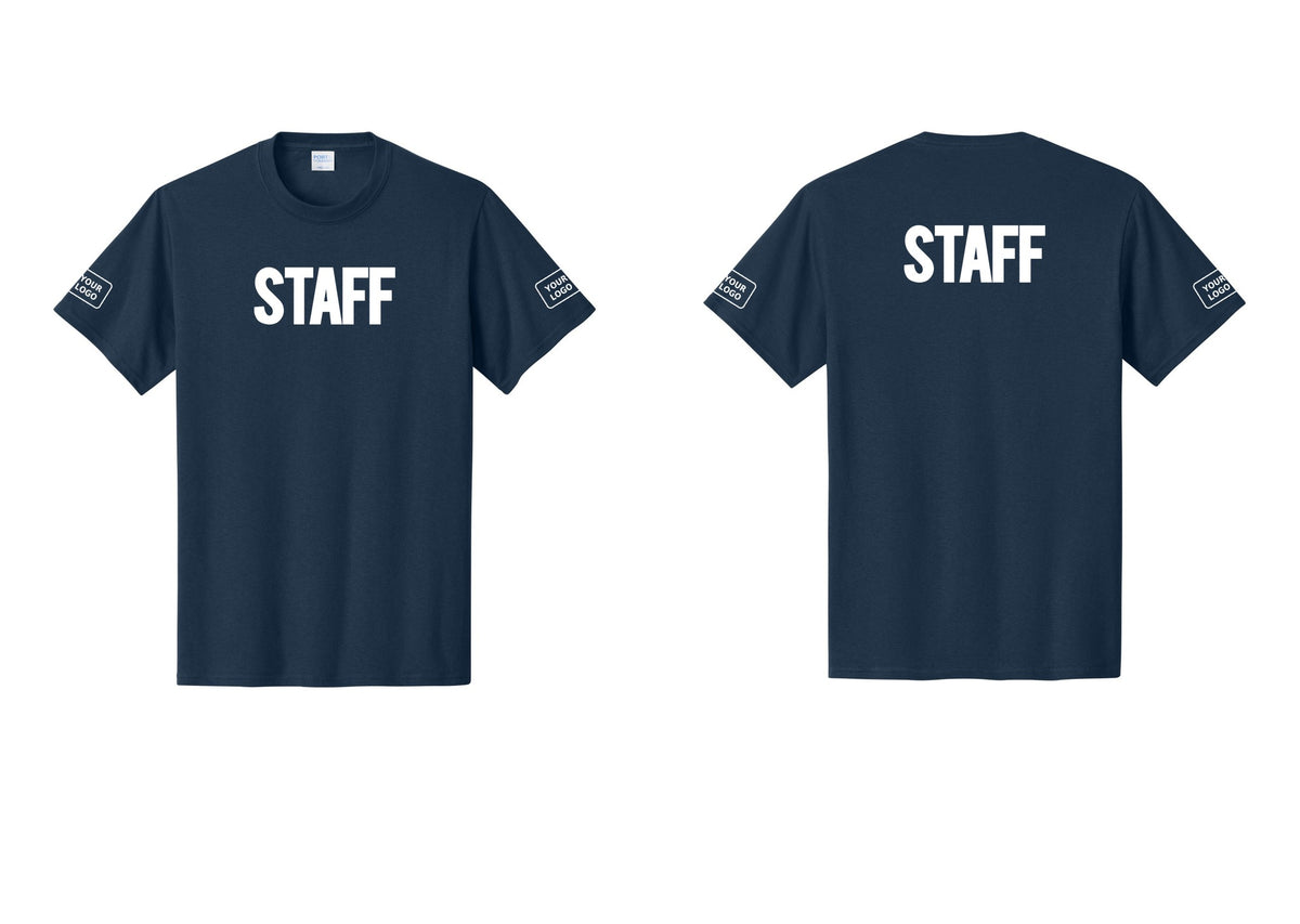 NYC Factory Custom Logo Staff T-Shirt, Bold Lettering - Front + Back + Your Logo Sleeves - Navy