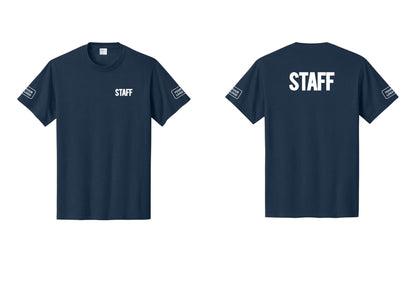 NYC Factory Custom Logo Staff T-Shirt, Bold Lettering - Chest + Back + Your Logo Sleeves - Navy