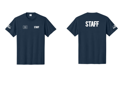 NYC Factory Custom Logo Staff T-Shirt, Bold Lettering - STAFF + Your Logo + Back + US Flag Sleeve - Navy