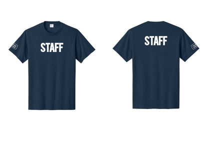NYC Factory Custom Logo Staff T-Shirt, Bold Lettering - Front + Back + Your Logo Sleeve - Navy