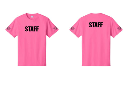 NYC Factory Custom Logo Staff T-Shirt, Bold Lettering - Front + Back + Your Logo Sleeves - Neon Pink