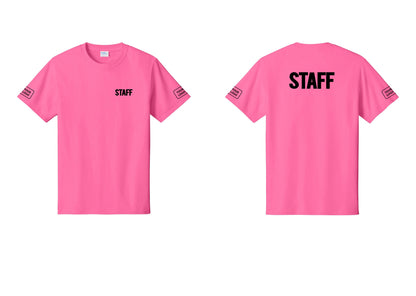 NYC Factory Custom Logo Staff T-Shirt, Bold Lettering - Chest + Back + Your Logo Sleeves - Neon Pink