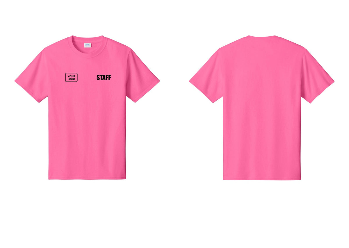 NYC Factory Custom Logo Staff T-Shirt, Bold Lettering - STAFF + Your Logo - Neon Pink