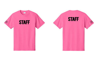 NYC Factory Custom Logo Staff T-Shirt, Bold Lettering - Front + Back + Your Logo Sleeve - Neon Pink