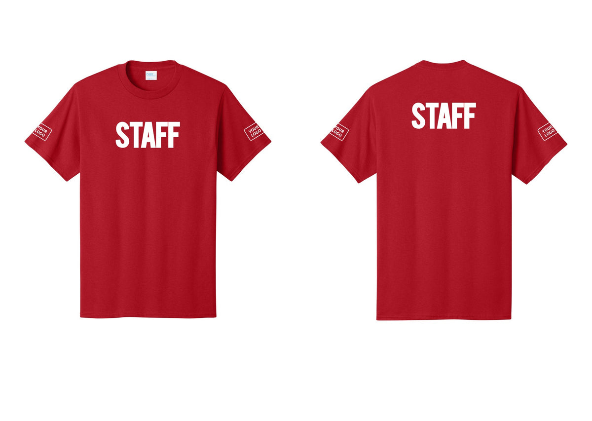 NYC Factory Custom Logo Staff T-Shirt, Bold Lettering - Front + Back + Your Logo Sleeves - Red