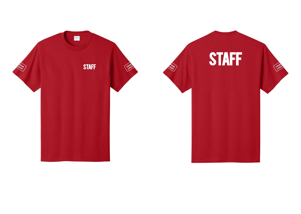 NYC Factory Custom Logo Staff T-Shirt, Bold Lettering - Chest + Back + Your Logo Sleeves - Red