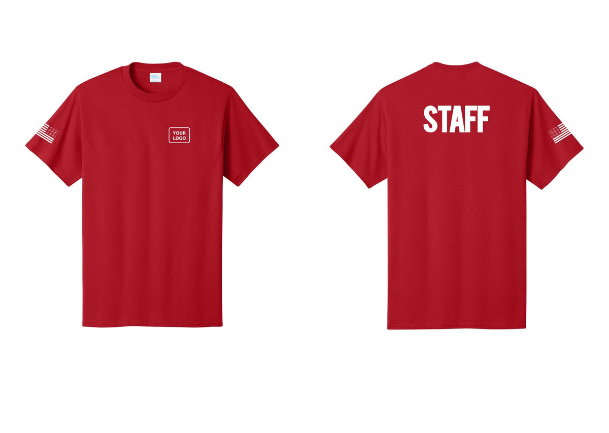 NYC Factory Custom Logo Staff T-Shirt, Bold Lettering - Your Logo + Back + US Flag Sleeve - Red